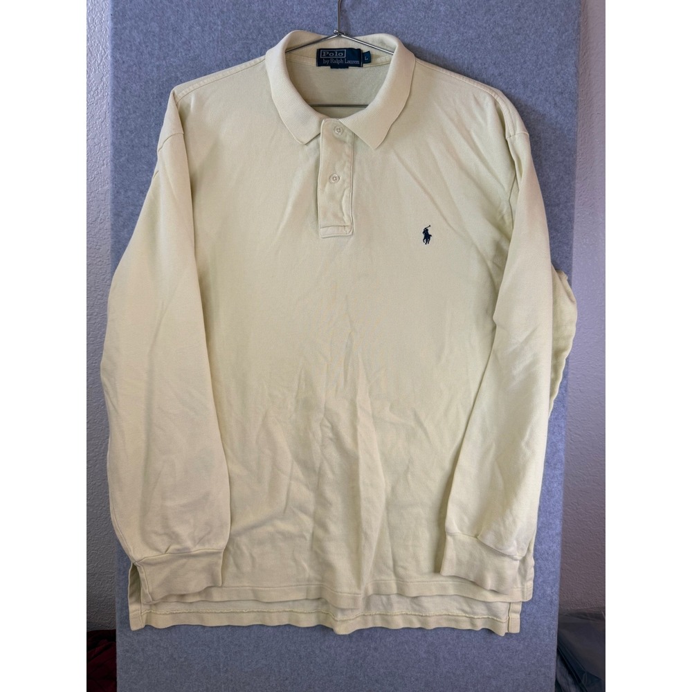 Polo Ralph Lauren Mens Large Long Sleeve Pique Polo Shirt Pale Yellow Navy Pony